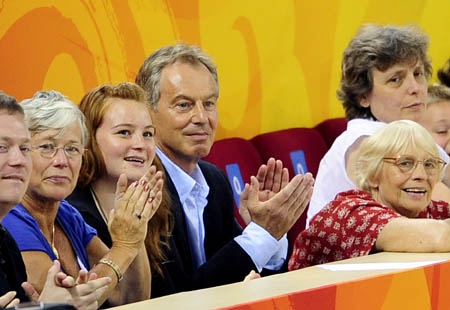 Former British PM Tony Blair watches cycling-track event at Beijing