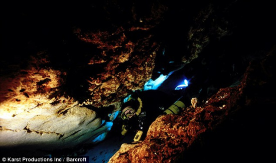  洞穴潜水队员使用电热湿式潜水服和独特的二氧化碳循环水肺