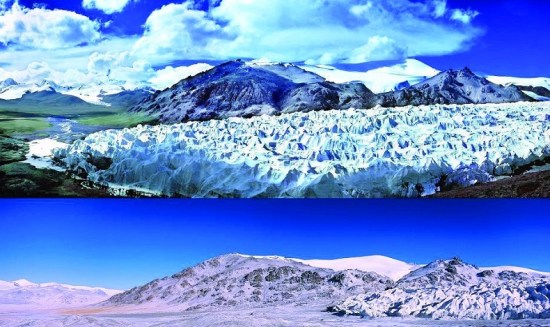 1976年8月25日拍摄的姜根迪如冰川照片，山体一片绿色，冰川奇观令人赞叹。
