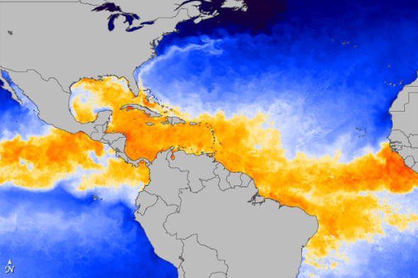 图片：如图，这是美国宇航局卫星绘出的今年飓风季海温图。海水温度足够形成飓风的区域以黄色和红色显示。水温过低、无法形成飓风的区域以蓝色显示。