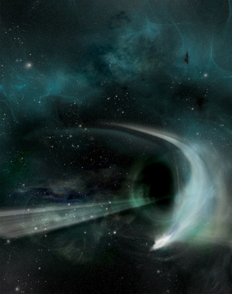 艺术家用插话描绘出黑洞吞噬恒星的过程，这被认为是目前宇宙最神秘、最震撼的情景。据悉，图中的黑洞距地球约40亿光年。