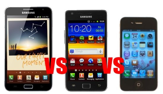 從左至右：三星Galaxy Note，三星Galaxy S II，蘋果iPhone 4