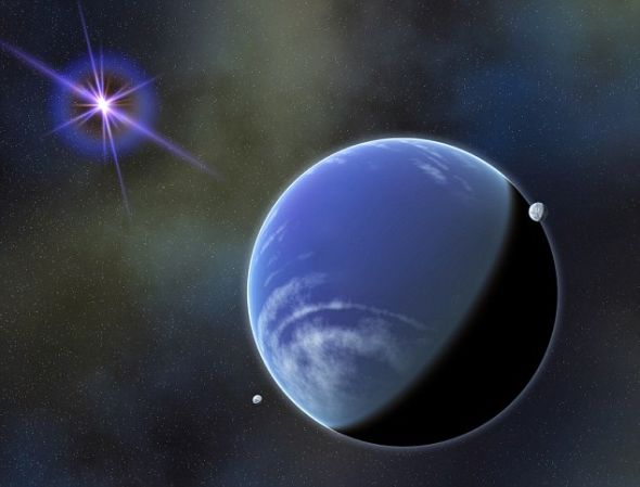 艺术概念图，展示了美国宇航局斯皮策太空望远镜发现的一颗褐矮星。这颗褐矮星体积很小，温度极低，绕一颗白矮星运行。白矮星是燃烧殆尽的恒星残余