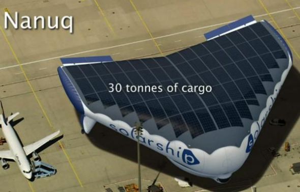 最大型太阳能动力飞艇的设计概念图，这种飞艇相当于一艘飞行的大型货轮。