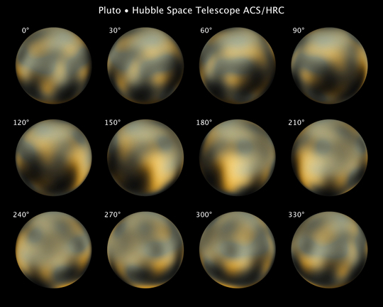 这是哈勃空间望远镜从地球轨道上拍摄的高分辨率冥王星图像，图像覆盖了冥王星各个经度区，从而完成对其全球的成像。从图像上无法分辨出山脉和其他地形细节，因为冥王星很小，并且距离极其遥远。当2015年薪地平线号飞临冥王星附近时，它将获取分辨率高达80米的图像资料