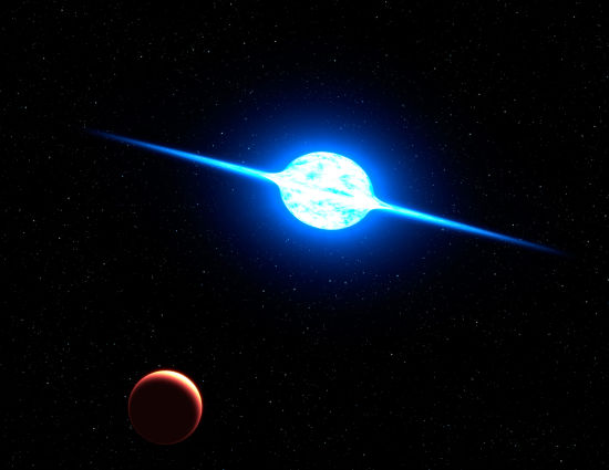 这是一幅示意图，展示此次发现的自转速度最快的恒星VFTS 102，科学家们表示只要它的自转再稍稍加快一点，巨大的离心力将会把它撕碎。图中可以看到强大的离心力已经让整个恒星成压扁状，赤道上空突起一道炙热的 等离子体盘，图中另一个星球是想象中围绕这颗恒星运行的一颗行星