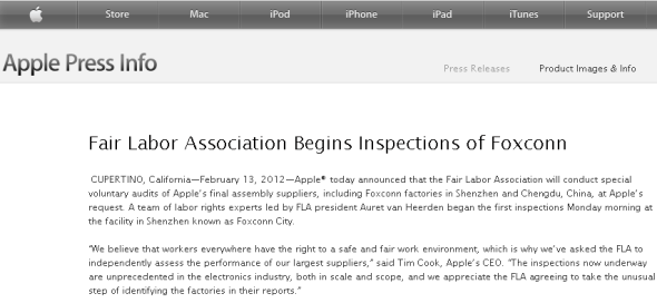 苹果官网宣布，公平劳工协会将应苹果要求，对富士康等厂商进行审计。