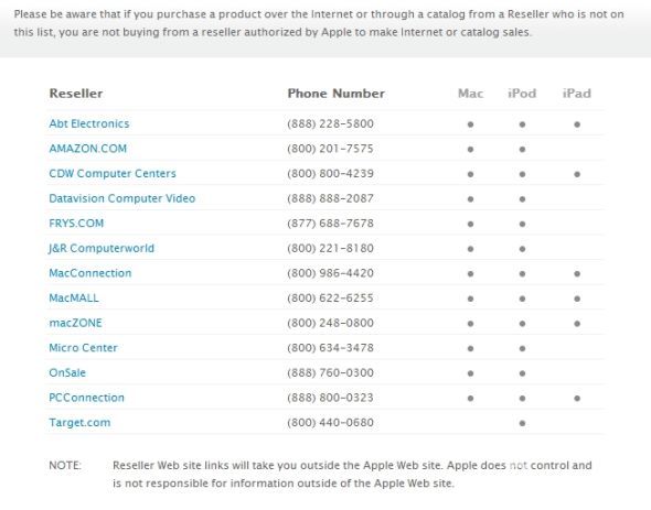 苹果产品互联网经销商名单显示，亚马逊并未获得iPad销售授权。（新浪科技配图））