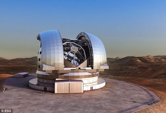 艺术概念图，展示了位于智利阿塔卡马沙漠海拔3060米的塞鲁阿玛逊斯山上的欧洲极大望远镜