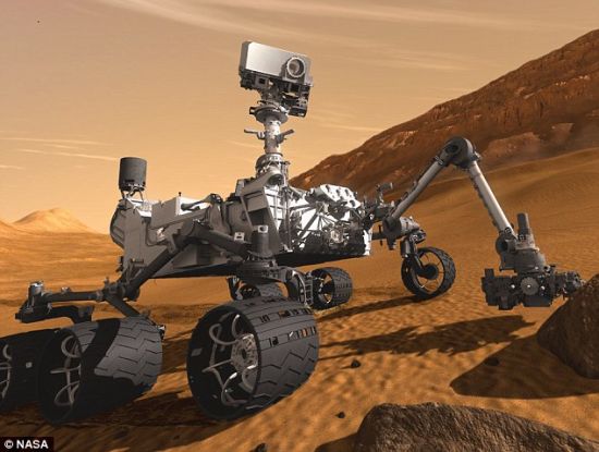 艺术概念图，展示了借助2米长机械臂末端的工具对火星岩石进行研究的“好奇”号
