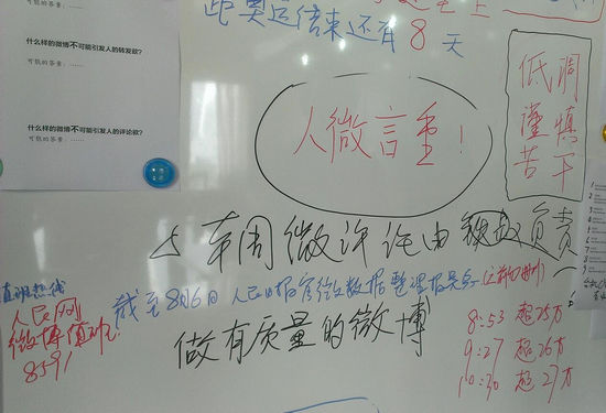 人民日报微博运营室的办公室里的板报，上写“低调、谨慎、苦干”。