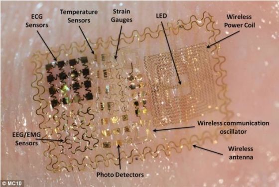 这张照片展示了组成MC10公司Biostamp电子纹身的不同部分。它可用一个橡皮图章固定在人体上。这个电子回路的耐磨时间是两周。摩托罗拉公司认为这是身份验证的完美选择。