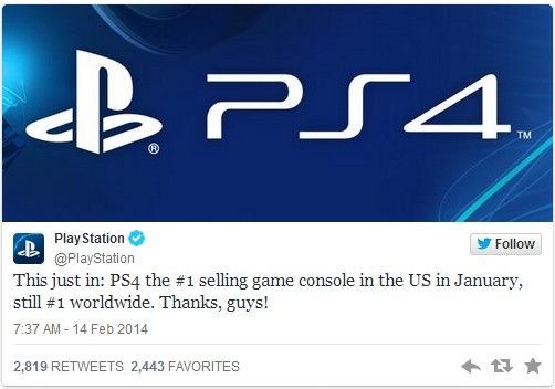 索尼宣布其PlayStation 4为上月美国最畅销的游戏机
