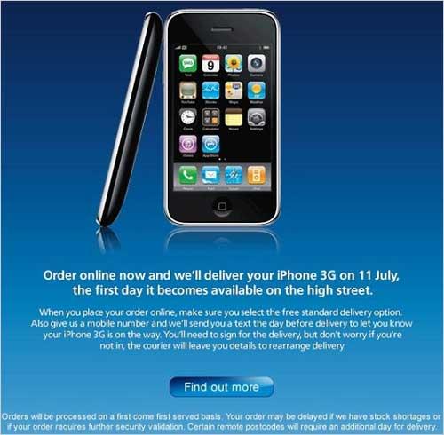 最低零英镑O2版iPhone3G网售今天启动