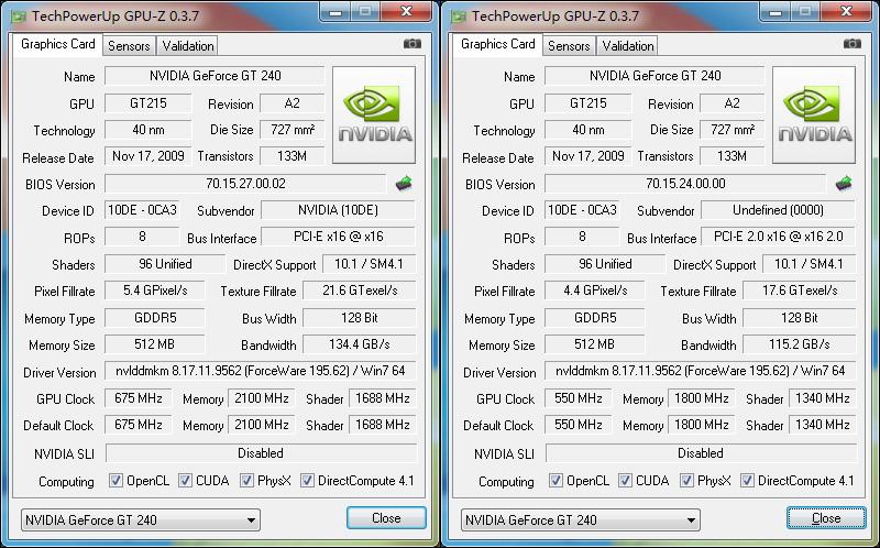 昂达gt240与市面公版gt240显卡gpu-z规格对比