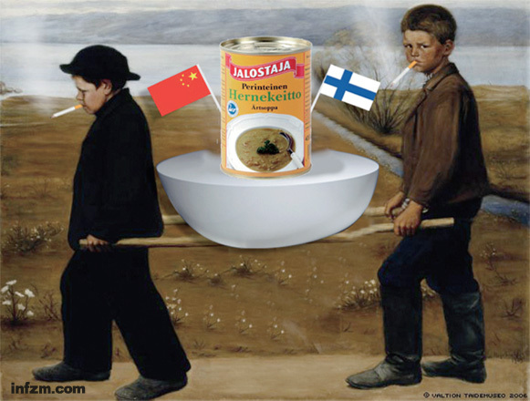 Tsto以芬兰名画《受伤的天使》为原型设计的作品。叼烟男孩抬着的是芬兰传统食品豆汤罐头。这种罐头曾一度陷入食品安全危机，但在中国热销。Tsto旨在以此说明“当我们的品牌，甚至国家领导人敢于被调侃，国家形象其实就树立起来了” (受访者/图)