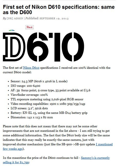 小改款 外网传闻尼康D600升级型号D610 小改款 外网传闻尼康D600升级型号D610