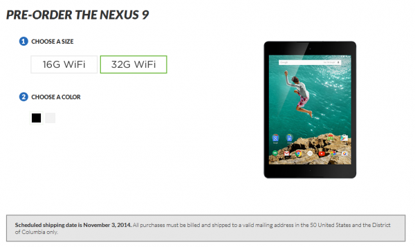 11月3日发货 Nexus 9平板现接受预订
