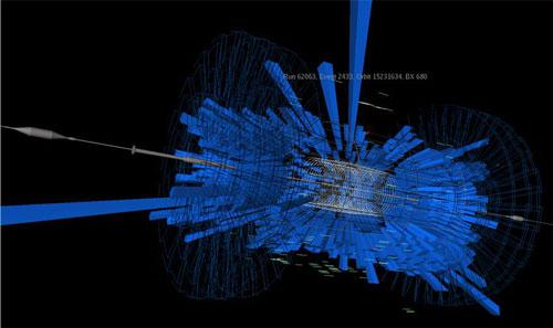 欧洲大型强子对撞机产生第一批图片。被加速的第一批质子以近光速撞进对撞机里的一个被称为瞄准仪的吸纳装置，产生了粒子碎片雨。