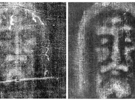 耶稣裹尸布和它的复制品：左边的是在都灵收藏的裹尸布，右边的是意大利科学家的仿制品