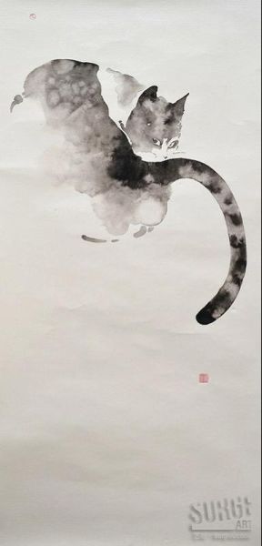 欧邹作品《猫2014-2》,2014,纸本水墨,130x70