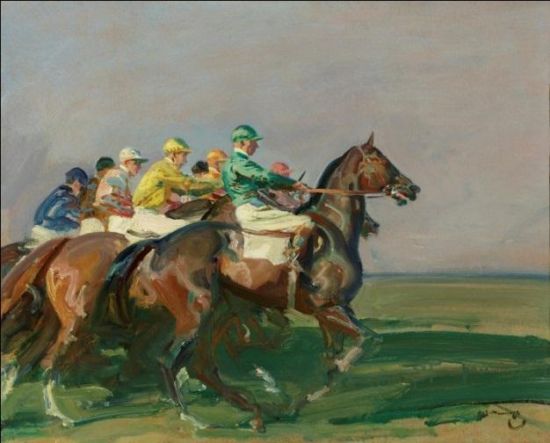 阿尔法莱德‧穆宁司爵士 (英国；1878–1959) 　　《起跑》 　　签名：A.J. Munnings 　　油彩 画板 　　18 x 22 英寸 (46 x 56 厘米) 　　约 1937 年作