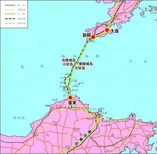 遼東山東半島海底隧道方案示意圖。