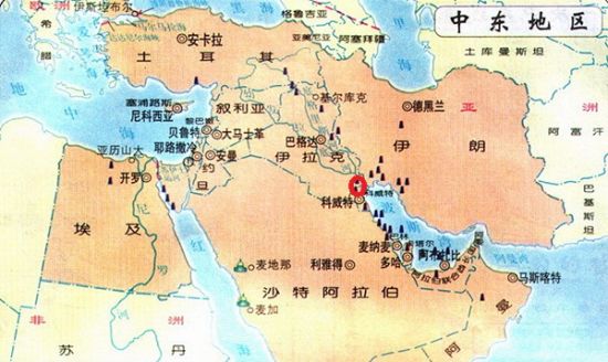 讲故事之前，先了解一下科威特到底在哪里，图中那个小小红圈就是她的所在