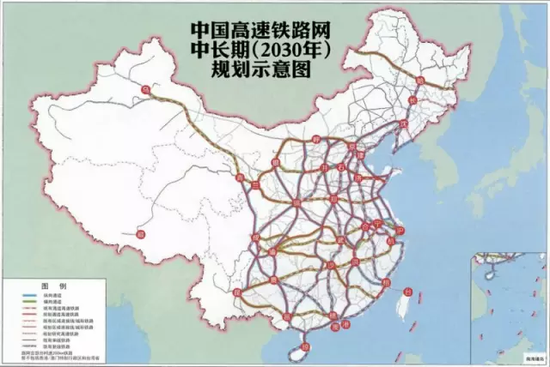 中国高铁路网中长期规划示意图。 呼和浩特被纳入“八纵八横”高铁网规划