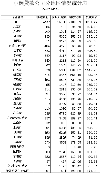 2013年小额贷款公司数据统计报告 