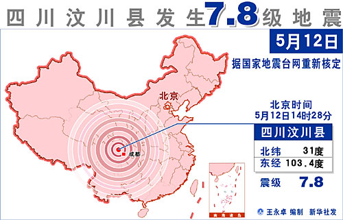 国家地震局重新测定四川汶川地震震级为7.8级