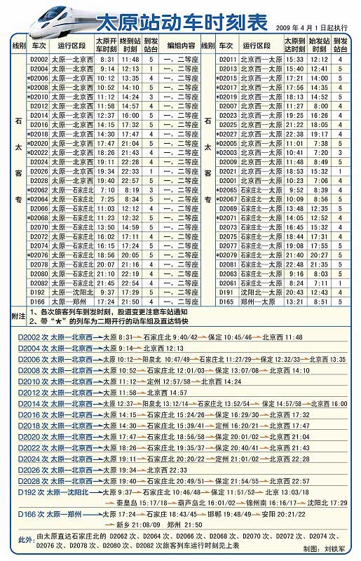 4月1日太原火车站将开行17对动车组列车