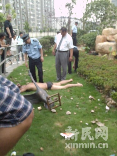 闵行莲花河畔景苑男子损坏雕塑跳入水池戏水 
