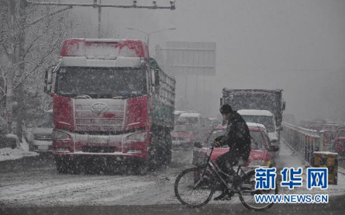 11月13日，黑龙江牡丹江市一位市民冒着风雪在街头艰难骑行。中央气象台11月13日继续发布暴雪蓝色预警，当日吉林东部、黑龙江东部和南部等地有暴雪。新华社发(张春祥 摄