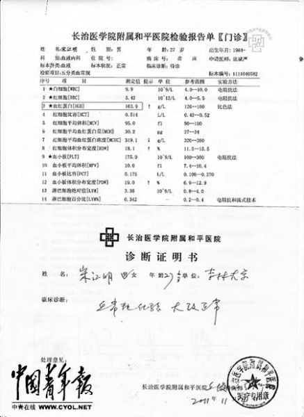 11月4日，宋江明在长治医学院附属和平医院验血的结果是，其血红蛋白的测量值为163.9g/L，临床诊断结果为“血常规化验大致正常”。图片来源：中国青年报