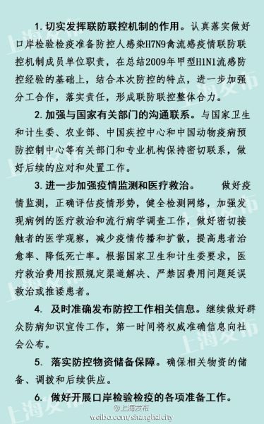 上海6项措施加强人感染H7N9禽流感疫情防控