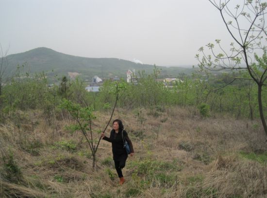 4月8日，朱桂枝孤单地站在自家林地里，不远处就是大生化工厂。