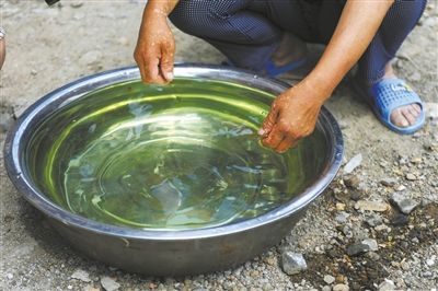 6月24日，辽宁阜新蒙古族自治县那力闪村村民展示刚刚打出的呈绿色的井水。新华社发