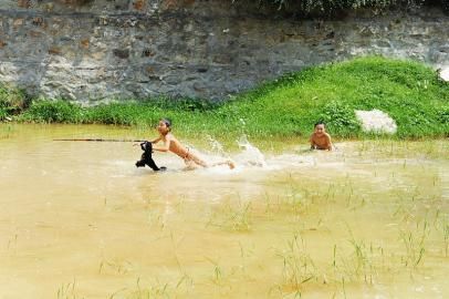 下雨过后形成的池塘成了乡下孩子纳凉戏水的乐