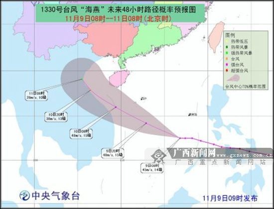 中央气象台9日9时发布的台风“海燕”路径图。