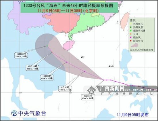 中央氣象臺9日9時發布的臺風“海燕”路徑圖。