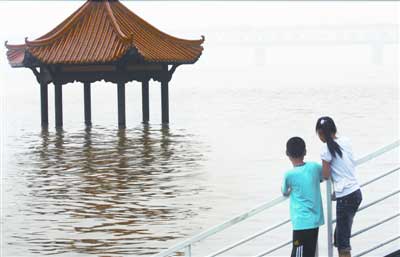 武汉江滩亲水平台被淹市民冒险涉水嬉戏(图)