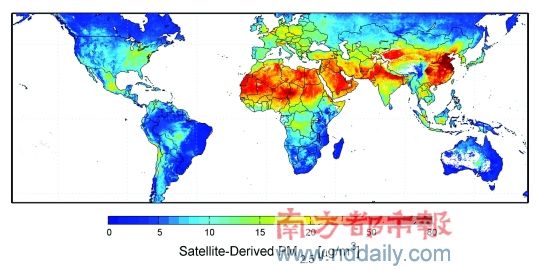2010年9月28日消息，NASA的科学家们日前发布了一张全球空气质量地图，展示了长期来全球低于2.5微米的悬浮颗粒分布状况。在这张2001- 2006年间平均全球空气污染形势图上，全球PM2.5最高的地区在北非和中国的华北、华东、华中全部。世界卫生组织(WHO)认为，PM2.5小于10是安全值，中国的这些地区全部高于50接近80。CFP