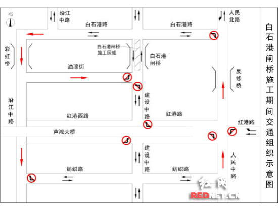 (石港闸桥施工期间交通组织示意图)