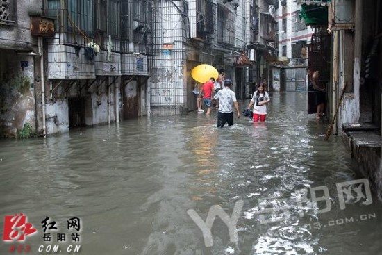 暴雨致岳阳城区部分街巷被淹市民淌水出行