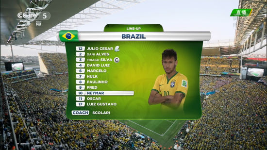 CCTV5当天直播巴西世界杯开幕战画面