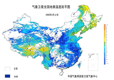 2月上旬全国地表温度较近6年同期平均值