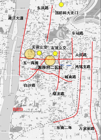 (图中九条红线标明了长沙市区即将开展交通疏导工程的9条道路.