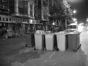 小区垃圾桶放马路过往市民很头疼
