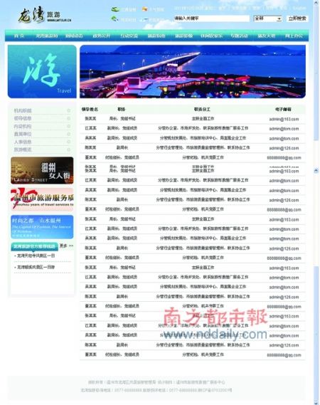 在温州市龙湾区旅游局官网，领导的职务和分工信息都很明确，姓名和邮箱却作了处理(红框处)。网页截图